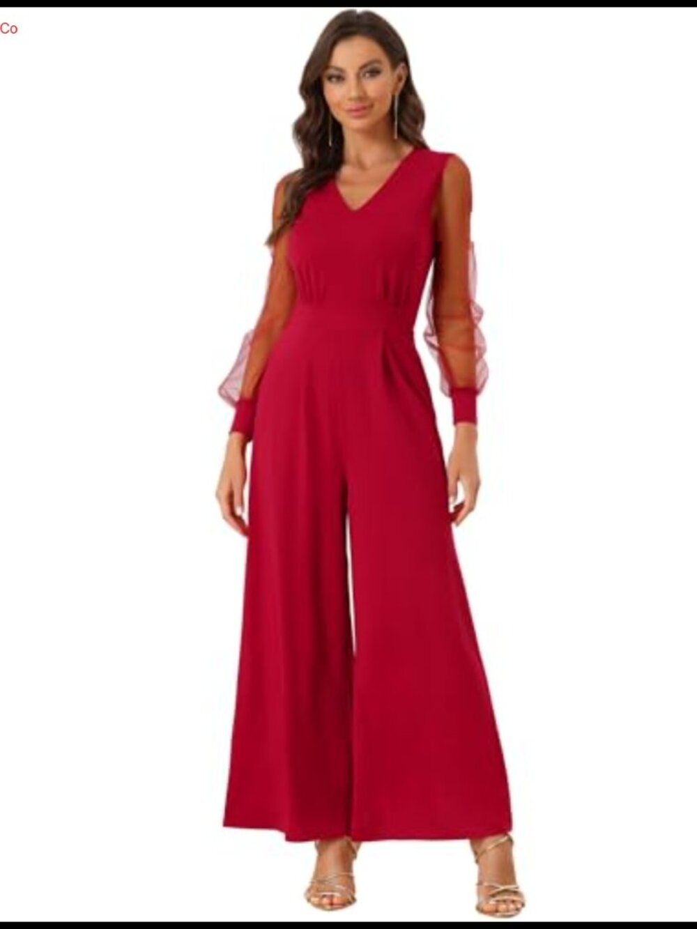 Allegra K Women's Mesh V Neck Long Sleeve Wide Leg Jumpsuit